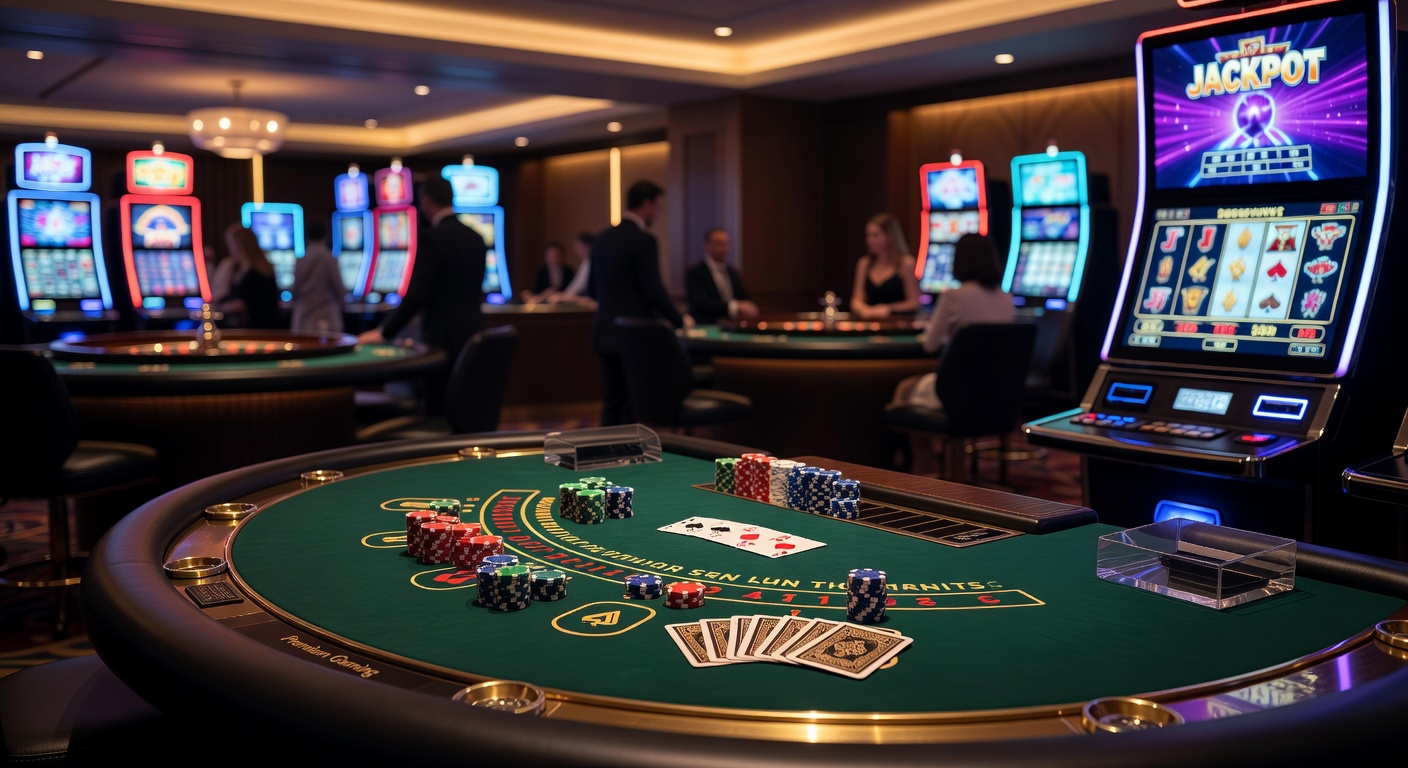 Diverse collection of casino games including roulette wheels, card tables, and slot machines in a modern gaming environment
