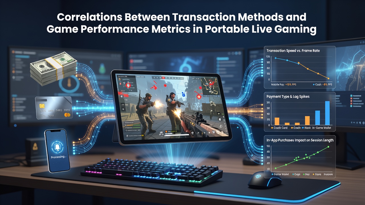 Portable device displaying live dealer table with overlaid transaction method icons and performance dashboards